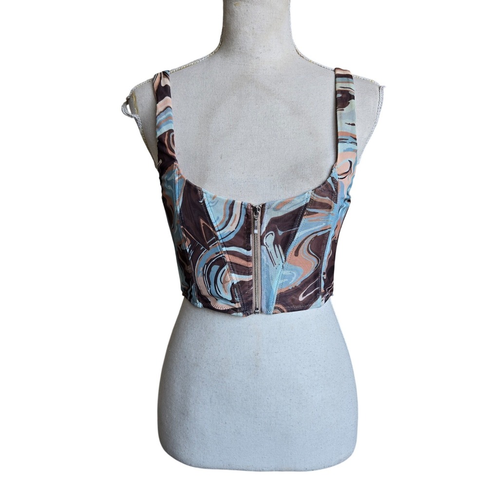 White Fox Womens Multicolor Marble Print Full Zip Bustier Corset Crop Top Size M